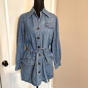 Marsh Landing Vintage Denim Belted Jacket Women’s Size S Chore Barn Pockets Boho